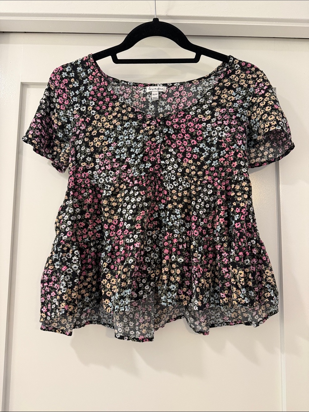 love, Fire Black Floral Peplum Tunic with Pink, Blue & Cream Flowers